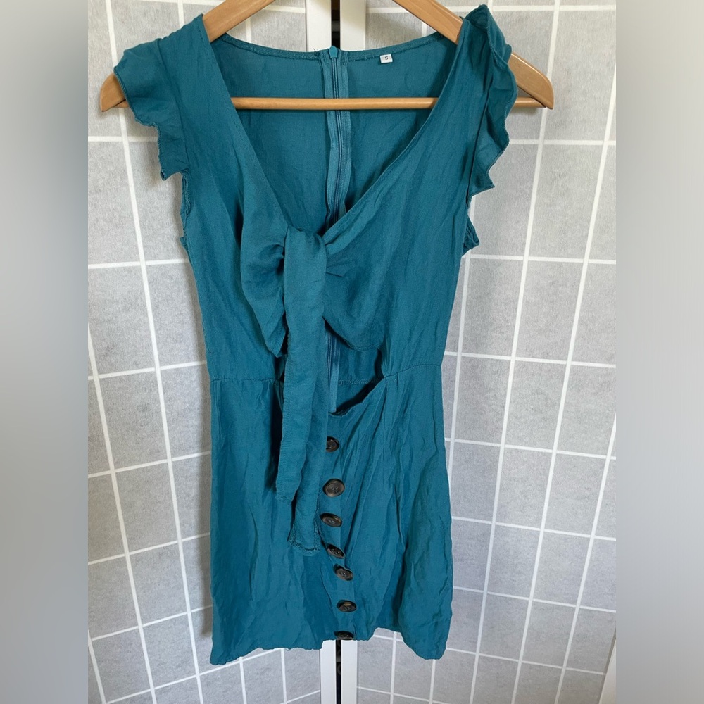 Tie front  open midriff mini dress, turquoise , Size Small.